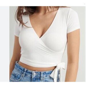 YMI Collections White Ribbed Wrap Tie Crop Top